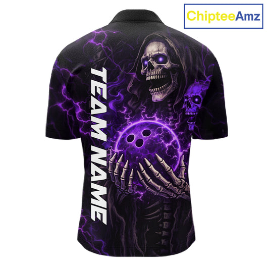 Personalized Skull Bowling Shirt For Men Custom Team's Name Black and Purple Flame Bowler Jerseys NQS11659