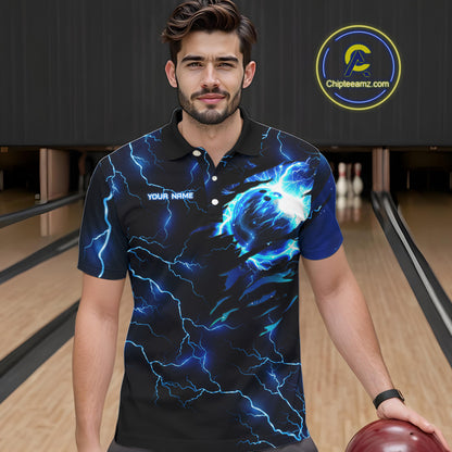 Blue lightning thunder bowling American flag Eagle custom Men Bowling Polo Shirts, team bowler jerseys NQS7489