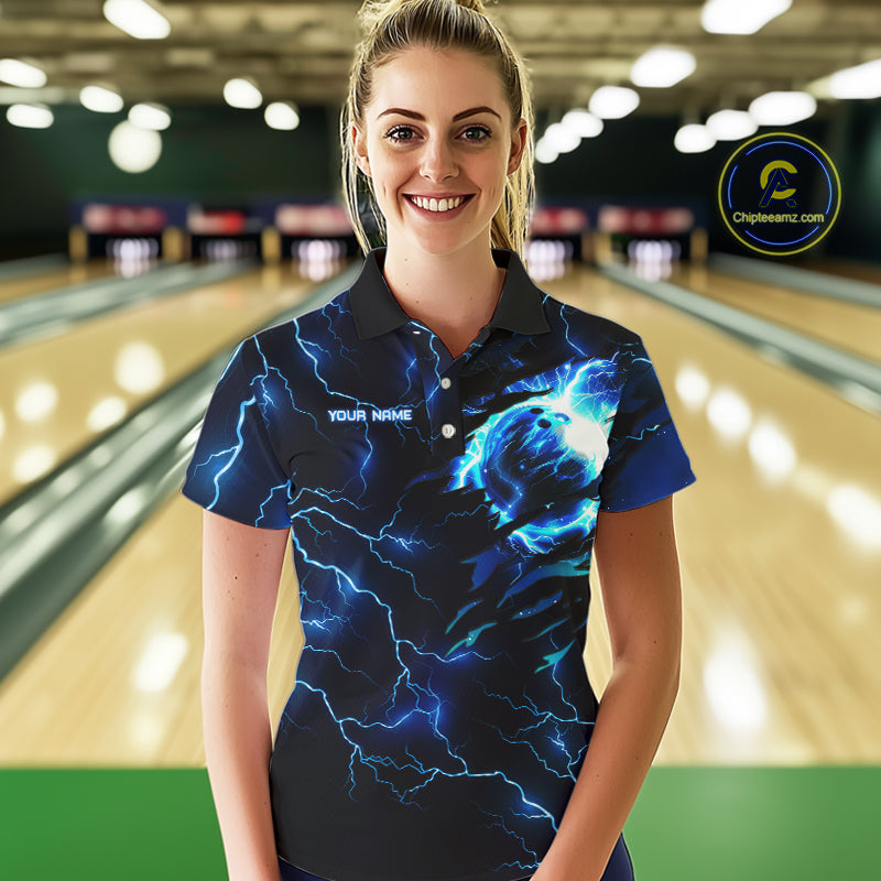 Blue lightning thunder bowling American flag Eagle custom Womens Bowling Polo Shirts, team jerseys NQS7489