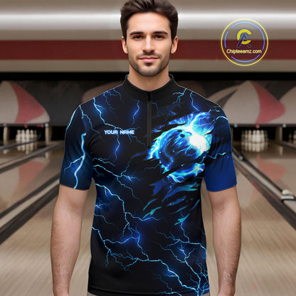 Blue lightning thunder bowling American flag Eagle custom Men Bowling Quarter Zip Shirts, team jerseys NQS7489