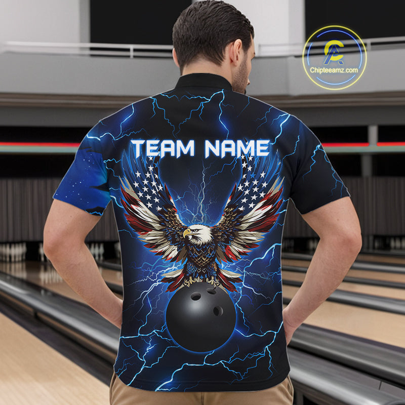 Blue lightning thunder bowling American flag Eagle custom Men Bowling Quarter Zip Shirts, team jerseys NQS7489