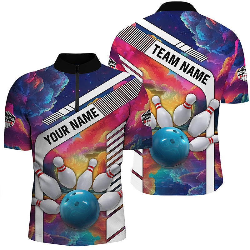 Colorful bowling Polo, Quarter Zip Shirt for Men Custom bowling ball and pins Team Bowling jerseys NQS8066