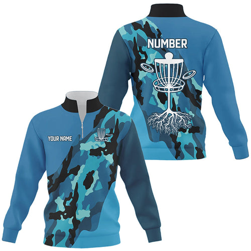 Blue Camo Quarter zip golf sweatshirt custom name and number disc golf jerseys, disc golf shirts NQS8491