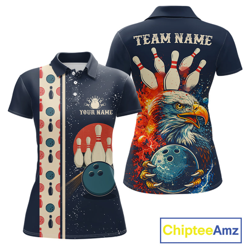 Custom Red, white and blue Eagle Retro Bowling Polo, 1/4 zip Shirts For Women, Bowling Team jerseys NQS11666