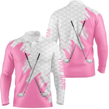 White golf ball pattern custom name golf clubs Mens golf polo shirts, team golf tops for men | Pink NQS8495
