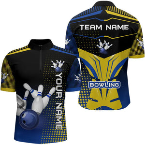 Yellow & Blue pattern Bowling Polo, 1/4 Zip shirt For Men Custom Team Bowling Jersey, Gift For Bowler NQS9212