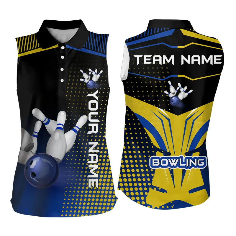 Yellow & Blue pattern Bowling Sleeveless Polo Shirt Custom Team Bowling Jersey, Gift For Bowler NQS9212