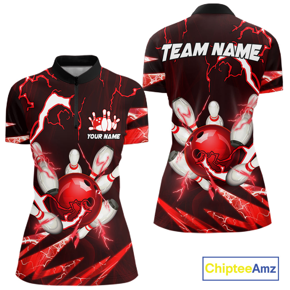 Red Thunder Lightning bowling ball and pins jersey Custom Team Bowling Polo, 1/4 Zip Shirt For Women NQS11281
