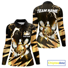 Load image into Gallery viewer, Gold Thunder Lightning bowling ball and pins jersey Custom Team Bowling Polo, 1/4 Zip Shirt For Women NQS11282