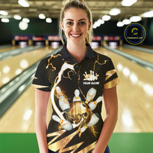 Load image into Gallery viewer, Gold Thunder Lightning bowling ball and pins jersey Custom Team Bowling Polo, 1/4 Zip Shirt For Women NQS11282