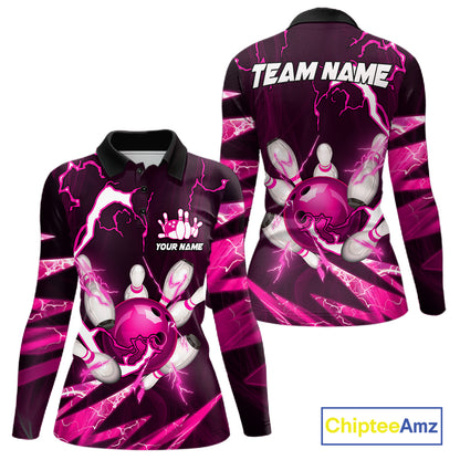 Pink Thunder Lightning bowling ball and pins jersey Custom Team Bowling Polo, 1/4 Zip Shirt For Women NQS11283