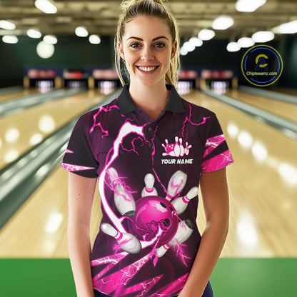 Pink Thunder Lightning bowling ball and pins jersey Custom Team Bowling Polo, 1/4 Zip Shirt For Women NQS11283