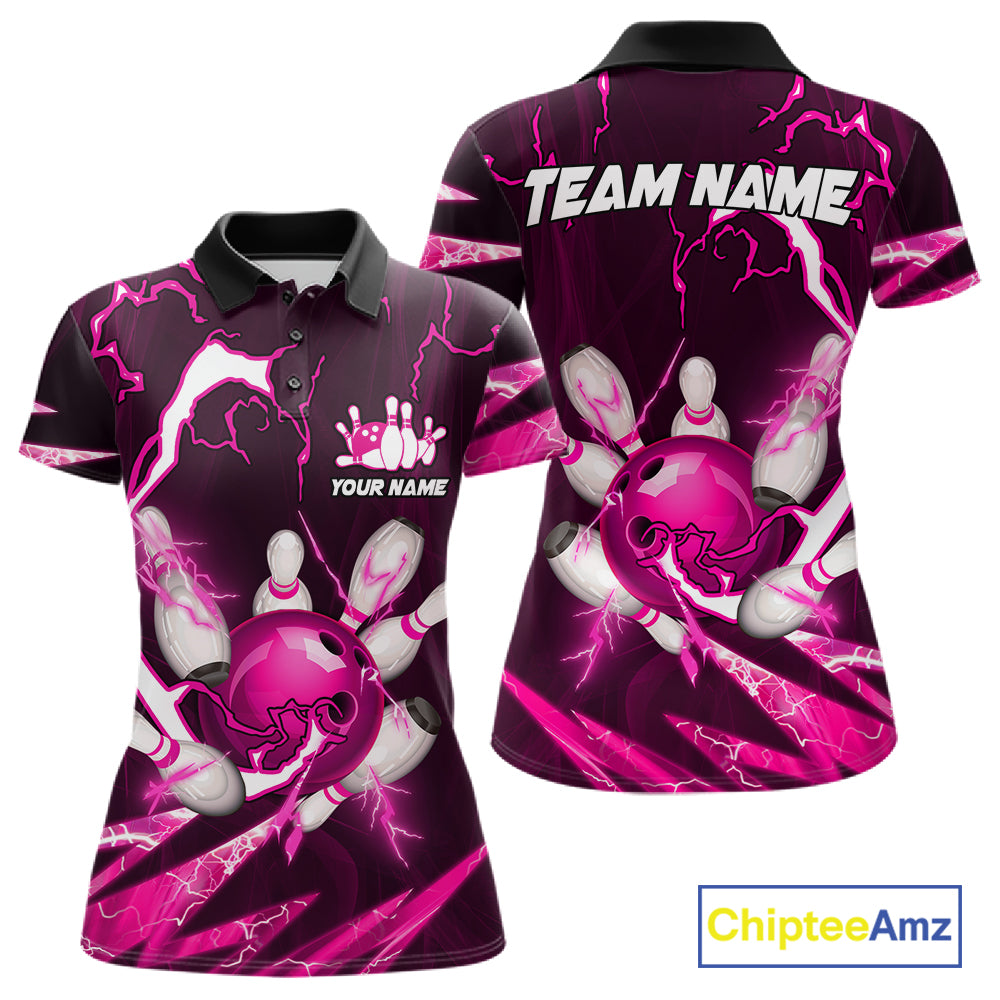 Pink Thunder Lightning bowling ball and pins jersey Custom Team Bowling Polo, 1/4 Zip Shirt For Women NQS11283