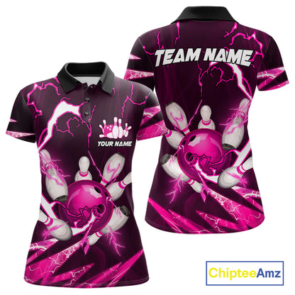 Pink Thunder Lightning bowling ball and pins jersey Custom Team Bowling Polo, 1/4 Zip Shirt For Women NQS11283