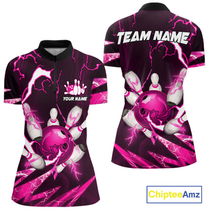 Pink Thunder Lightning bowling ball and pins jersey Custom Team Bowling Polo, 1/4 Zip Shirt For Women NQS11283
