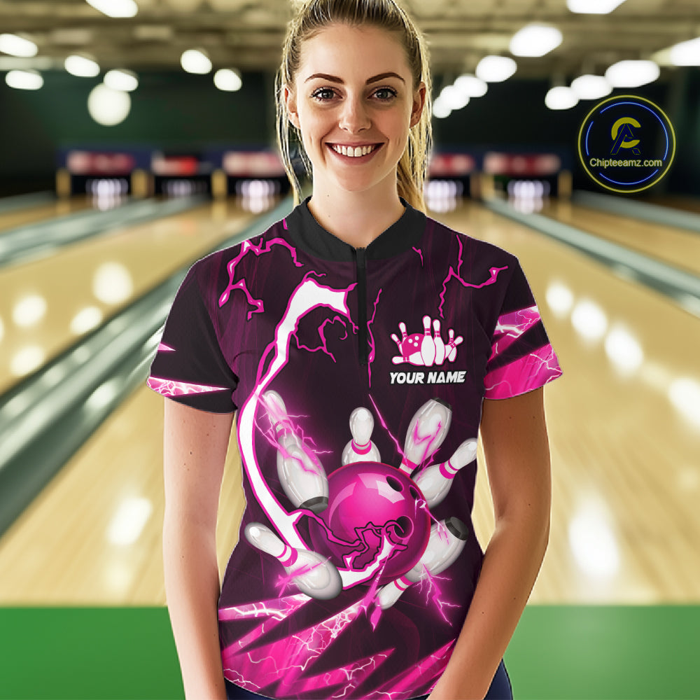 Pink Thunder Lightning bowling ball and pins jersey Custom Team Bowling Polo, 1/4 Zip Shirt For Women NQS11283