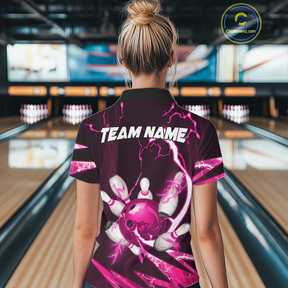 Pink Thunder Lightning bowling ball and pins jersey Custom Team Bowling Polo, 1/4 Zip Shirt For Women NQS11283