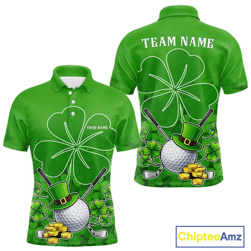Green shamrock pattern St Patrick's Day Men's golf polo shirts custom mens golf tops, golfing gifts NQS11495