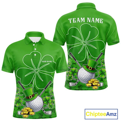 Green shamrock pattern St Patrick's Day Men's golf polo shirts custom mens golf tops, golfing gifts NQS11495