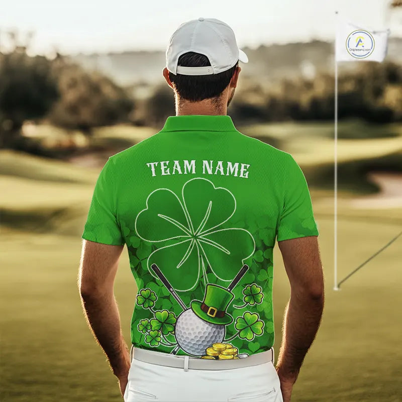 Green shamrock pattern St Patrick's Day Men's golf polo shirts custom mens golf tops, golfing gifts NQS11495