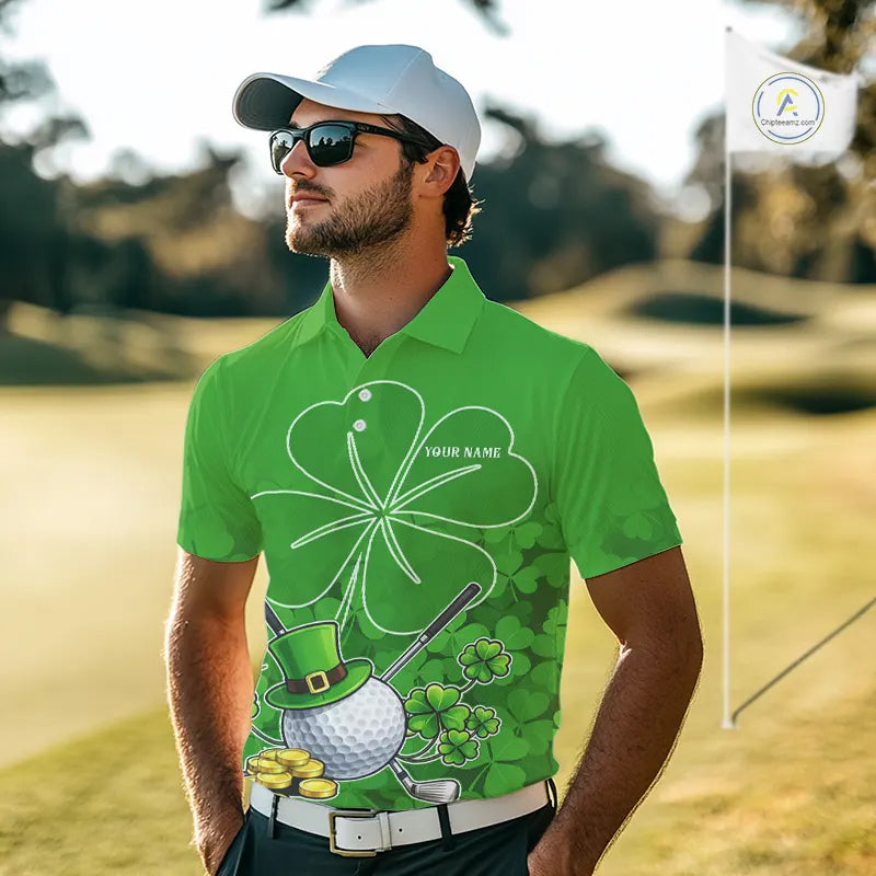 Green shamrock pattern St Patrick's Day Men's golf polo shirts custom mens golf tops, golfing gifts NQS11495