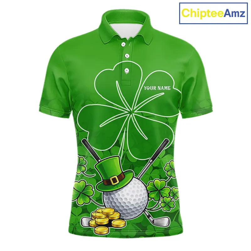 Green shamrock pattern St Patrick's Day Men's golf polo shirts custom mens golf tops, golfing gifts NQS11495