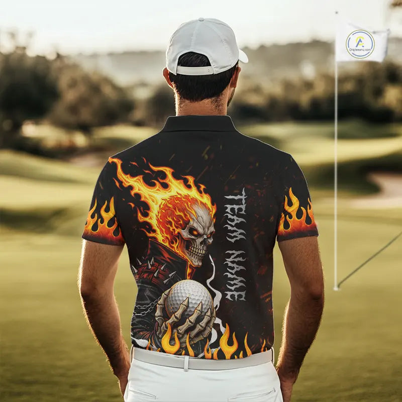 Custom Orange Flame Skull Golf Polo Shirts For men,  team mens golf tees cool golf gifts NQS11497