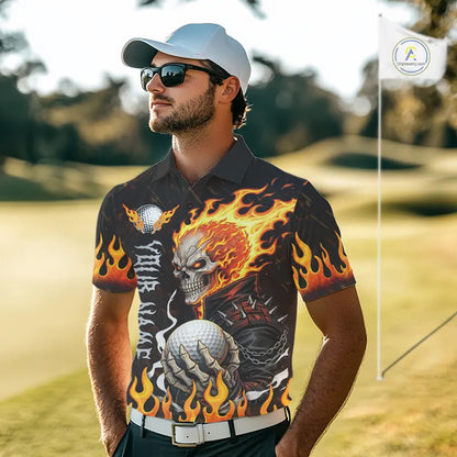 Custom Orange Flame Skull Golf Polo Shirts For men,  team mens golf tees cool golf gifts NQS11497