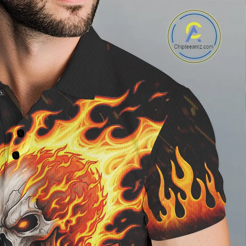 Custom Orange Flame Skull Golf Polo Shirts For men,  team mens golf tees cool golf gifts NQS11497