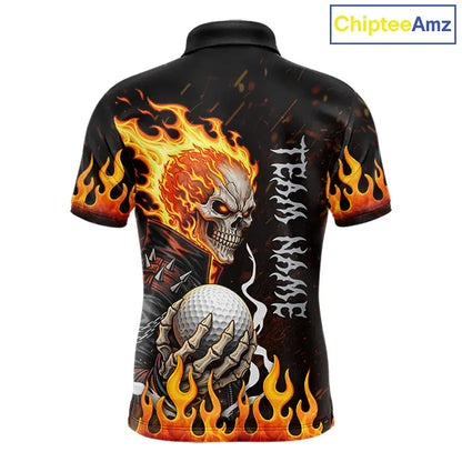 Custom Orange Flame Skull Golf Polo Shirts For men,  team mens golf tees cool golf gifts NQS11497