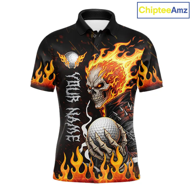 Custom Orange Flame Skull Golf Polo Shirts For men,  team mens golf tees cool golf gifts NQS11497