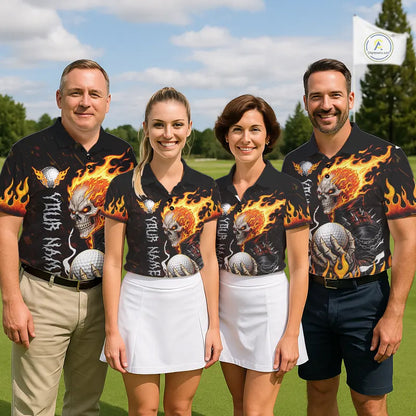 Custom Orange Flame Skull Golf Polo Shirts For men,  team mens golf tees cool golf gifts NQS11497