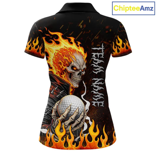 Custom Orange Flame Skull Golf Polo Shirts For Women,  team ladies golf tees cool golf gifts NQS11497