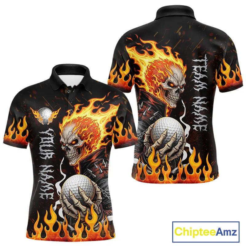 Custom Orange Flame Skull Golf Polo Shirts For men,  team mens golf tees cool golf gifts NQS11497
