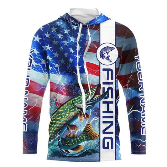 American Flag Northern Pike lightning Long Sleeve Fishing Shirts custom Patriotic Pike fishing jerseys NQS9562