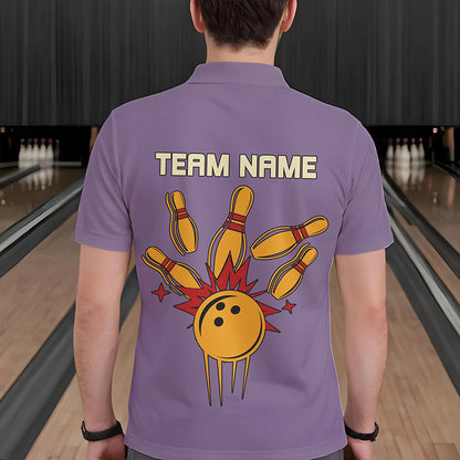 Yellow & Purple Retro Bowling Polo, Quarter Zip shirt for Men Custom vintage team bowling jersey NQS9720