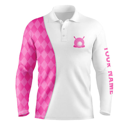 White Mens golf polo shirts custom pink argyle plaid pattern golf tops, best mens golf wear NQS7643