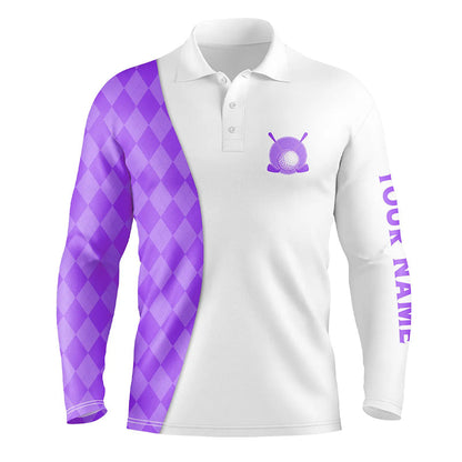 White Mens golf polo shirts custom purple argyle plaid pattern golf tops, best mens golf wear NQS7645