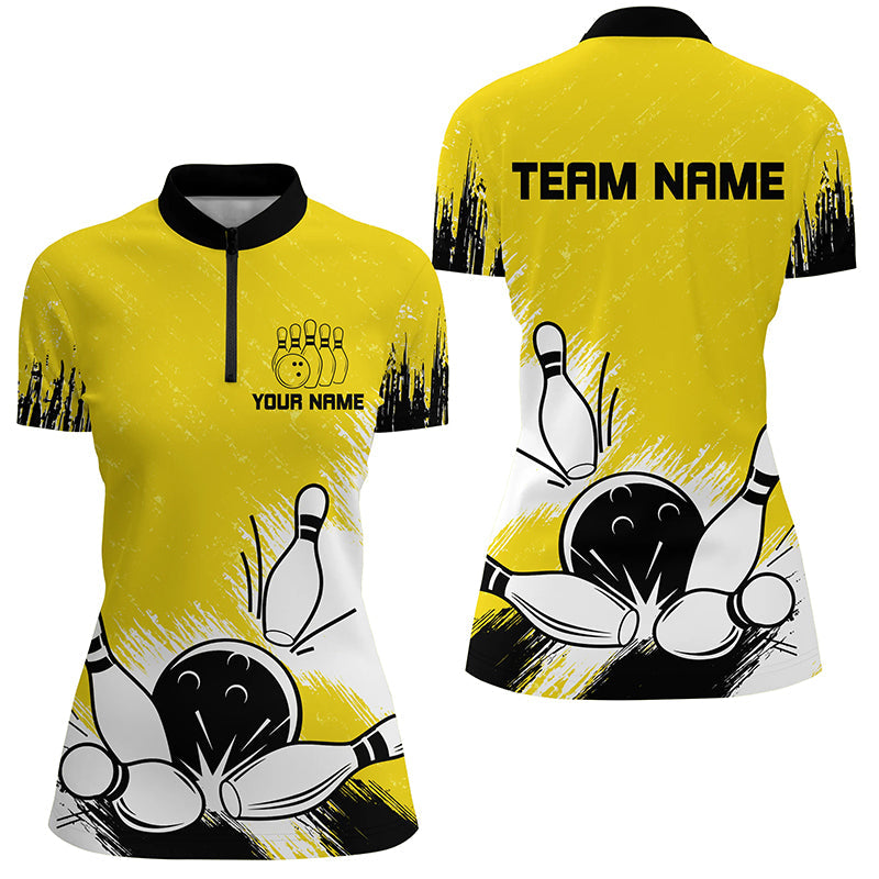 Retro bowling polo, quarter zip shirts for women Custom Team bowling Jerseys, bowl gifts | Yellow NQS7650