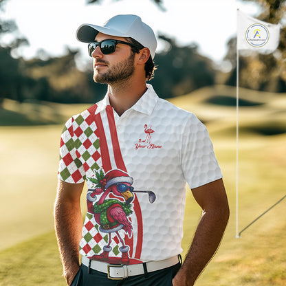 Funny Christmas Flamingo Mens golf polo shirt custom red, green and white argyle pattern golf shirts NQS11086