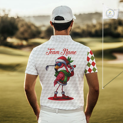 Funny Christmas Flamingo Mens golf polo shirt custom red, green and white argyle pattern golf shirts NQS11086