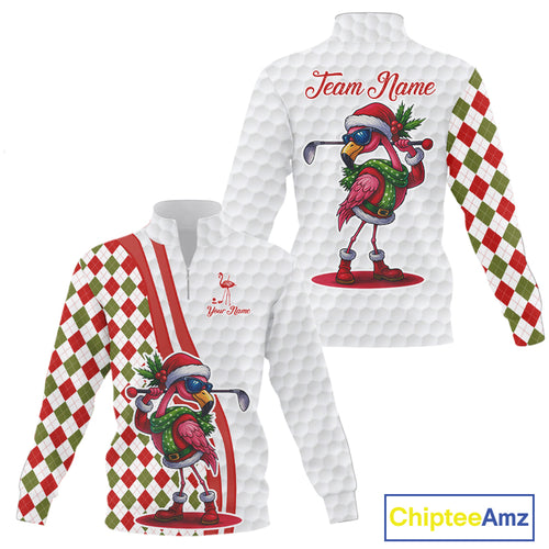 Funny Christmas Flamingo 1/4 zip golf sweatshirt custom red, green & white argyle pattern golf shirt NQS11086