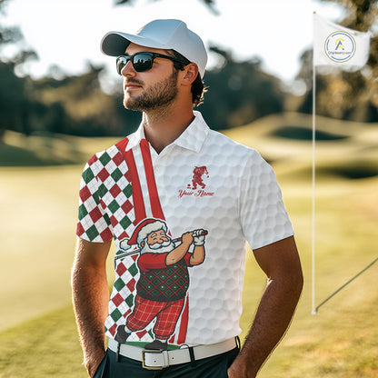 Funny Christmas Santa Golf polo shirt for men custom red, green and white argyle pattern golf shirts NQS11089