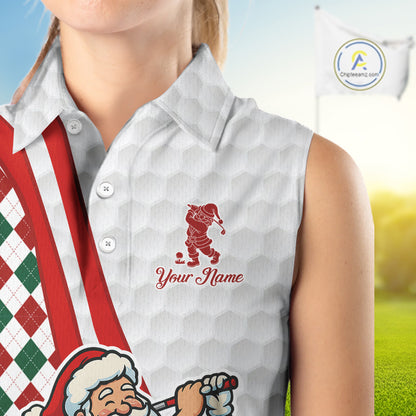 Funny Christmas Santa Sleeveless Golf polo shirt custom red, green & white argyle pattern golf shirt NQS11089