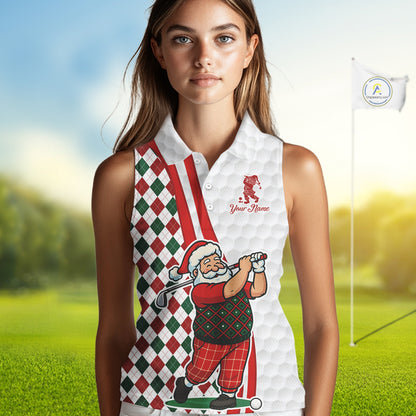 Funny Christmas Santa Sleeveless Golf polo shirt custom red, green & white argyle pattern golf shirt NQS11089