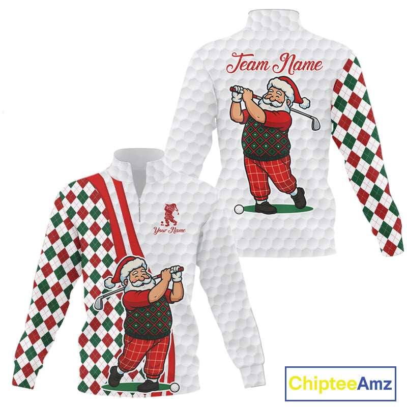 Funny Christmas Santa 1/4 zip golf sweatshirt custom red, green & white argyle pattern golf shirt NQS11089