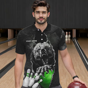 Black Bear grunge pattern Custom Men Bowling Polo, 1/4 Zip Shirts Bowling Team Jerseys Outfits | Green NQS9408