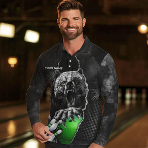 Black Bear grunge pattern Custom Men Bowling Polo, 1/4 Zip Shirts Bowling Team Jerseys Outfits | Green NQS9408