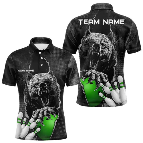 Black Bear grunge pattern Custom Men Bowling Polo, 1/4 Zip Shirts Bowling Team Jerseys Outfits | Green NQS9408