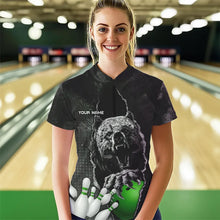 Load image into Gallery viewer, Black Bear grunge pattern Custom Women Bowling Polo, 1/4 Zip Shirt Bowling Team Jersey Outfits | Green NQS9408